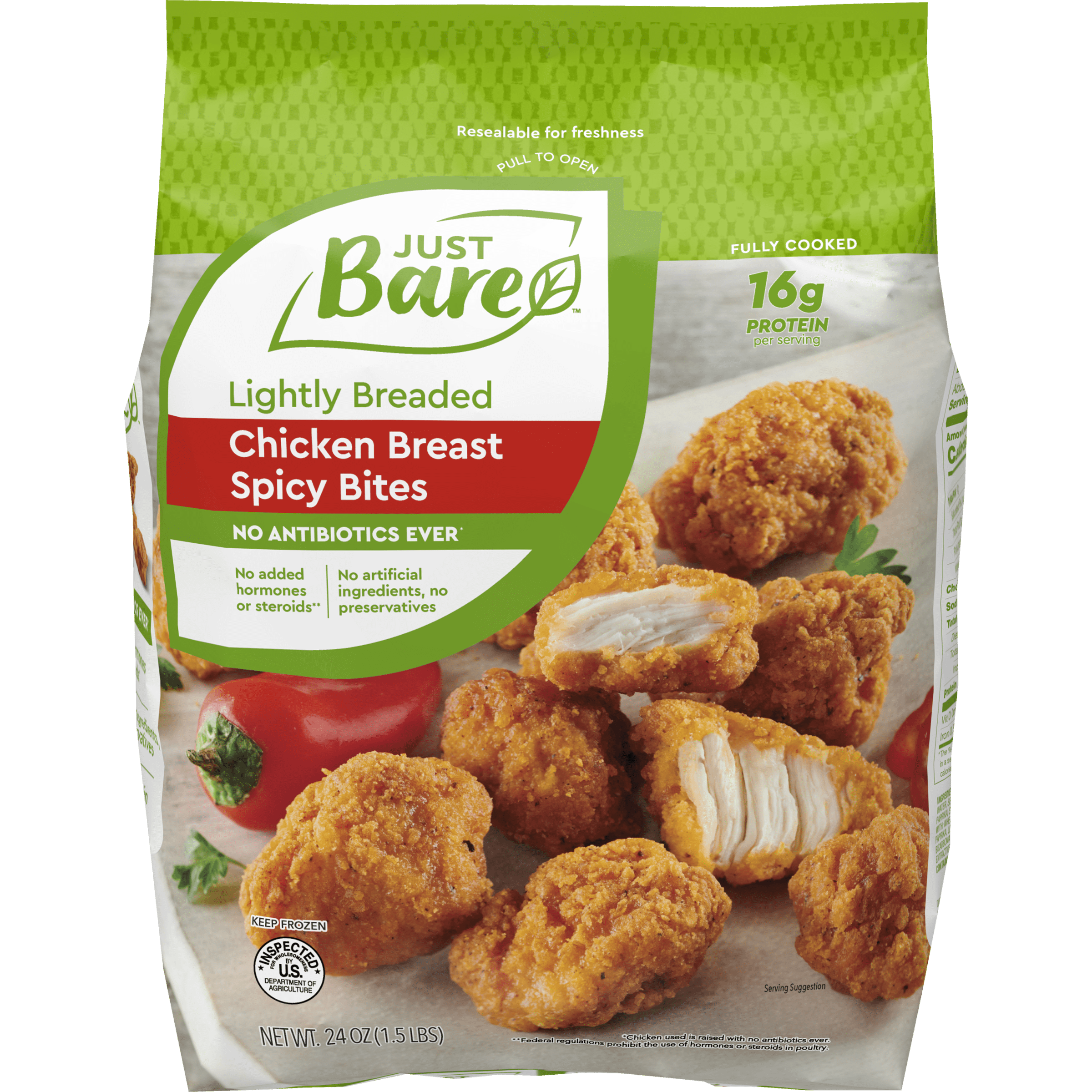 Just Bare Frozen Fully Cooked Lightly Breaded Spicy Breast Bite 24oz, 16g  Protein, serving size 3oz