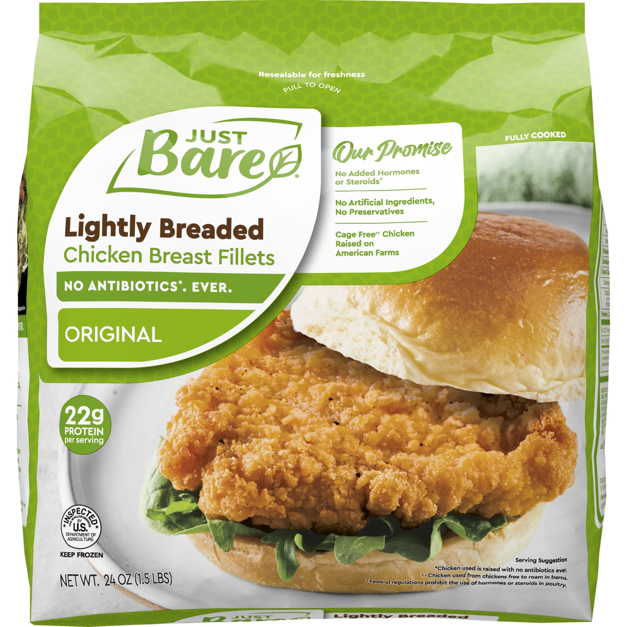Just Bare Fully Cooked Lightly Breaded Chicken Breast Original Fillets 12 lb, 22g of Protein, Serving Size 1 Pieces
