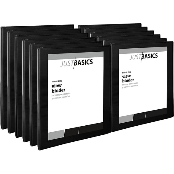 Just Basics Round-Ring View Binder, 1/2" Rings, 61% Recycled, Black, Pack Of 12 Binders