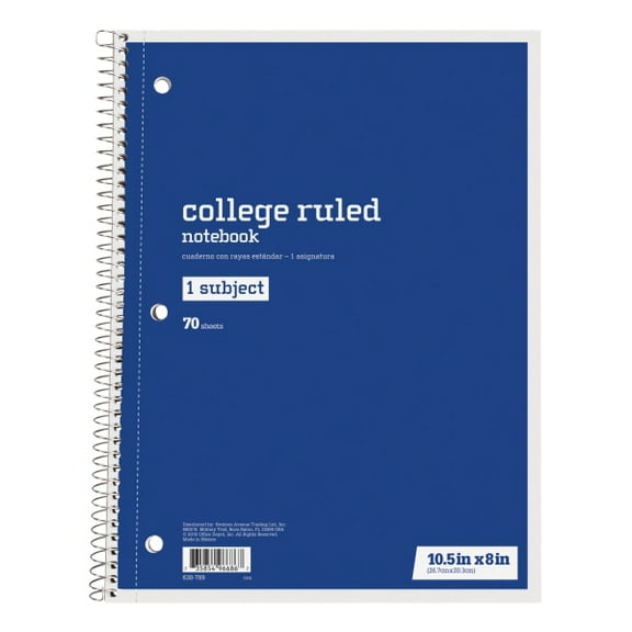 Just Basics Spiral Notebook, 7 1/2" x 10 1/2", College Ruled, 140 Pages (70 Sheets), Blue