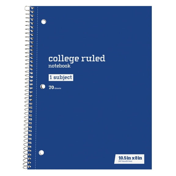 Just Basics Spiral Notebook, 7 1/2" x 10 1/2", College Ruled, 140 Pages (70 Sheets), Blue