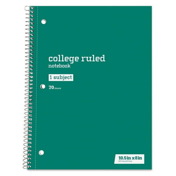 Just Basics Spiral Notebook, 7 1/2" x 10 1/2", College Ruled, 140 Pages (70 Sheets), Green