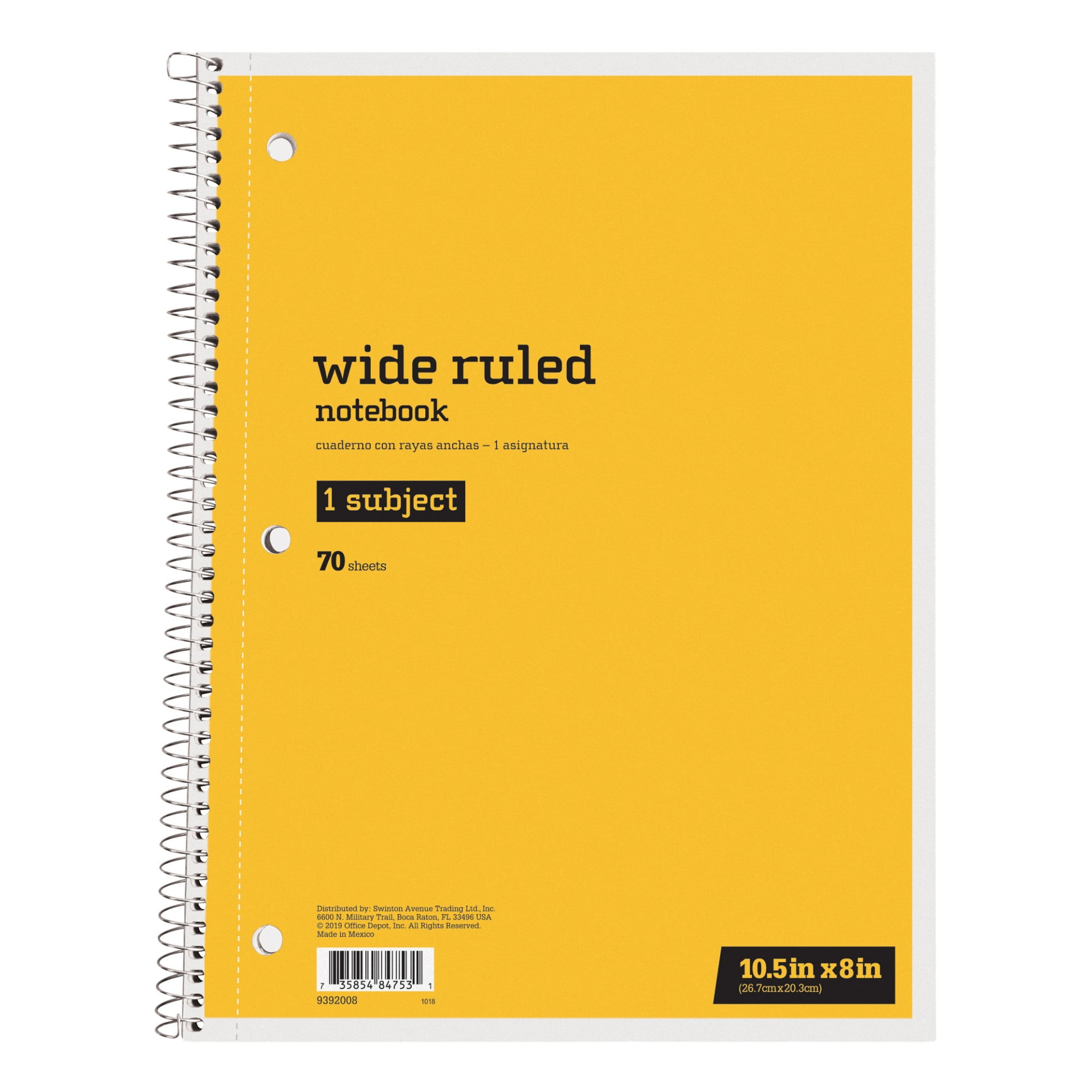 Just Basics Spiral Notebook, 8" x 10-1/2", 1 Subject, Wide Ruled, 70 Sheets, Yellow
