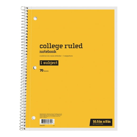 Just Basics Spiral Notebook, 8" x 10-1/2", College Ruled, 70 Sheets, Yellow