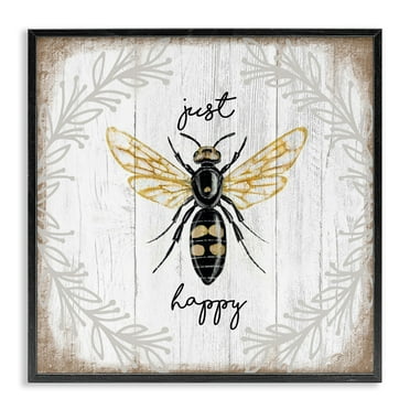 Just Be Happy Charming Rustic Bee Pun 12 in x 12 in Framed Painting Art Print, by Stupell Home Décor