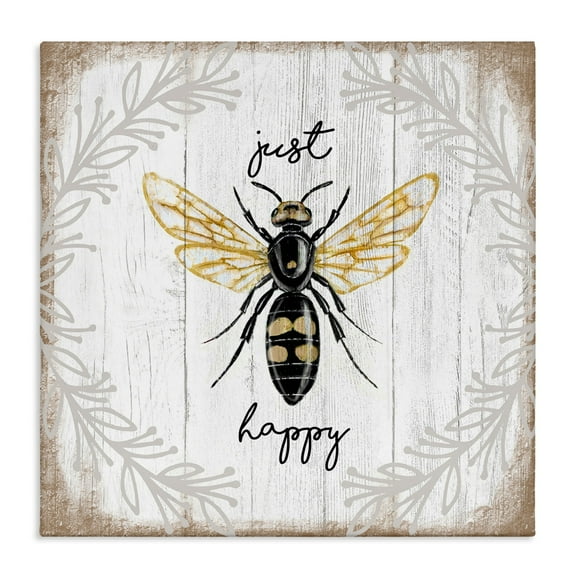 Just Be Happy Charming Rustic Bee Pun Animals & Insects Gallery-Wrapped Canvas Print Wall Art, 17x17