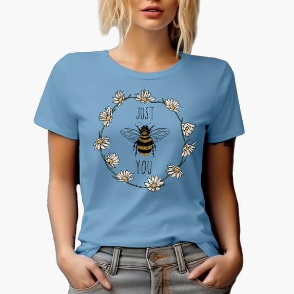 Just Bee You Pun with a Flower Wreath & Honey Bee Art Merch Gift, Baby Blue T-Shirt, 3XL