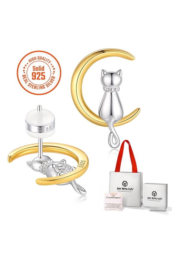 Cat Moon Earrings for Women, Pure Sterling Silver Stud Earrings To My Granddaughter Birthday Easter Basket Stuffers Jewelry Gifts Her Wife Lady Adults Ideas