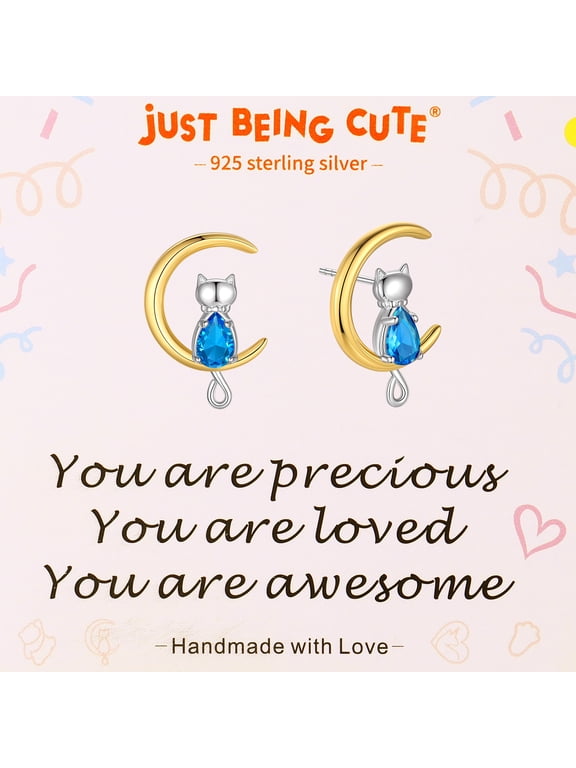 925 Sterling Silver Earrings for Women, Synthetic Turquoise Birthstone Stud Earrings Cat Moon Ear Charm Jewelry Gifts for Her, Birthday/Graduation