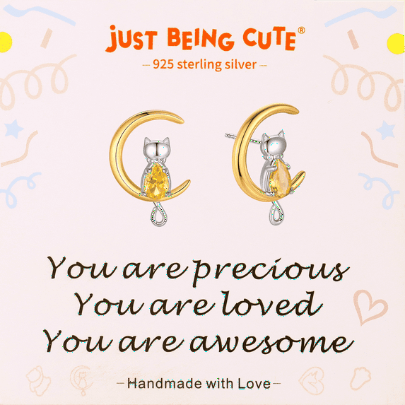 Just Being Cute Real Sterling Silver Earrings for Women, Cat Moon November Birthstone Earrings 14K Gold Plated Studs Birthday Mothers Day Jewelry Gifts Her Wife Lady Adults Ideas