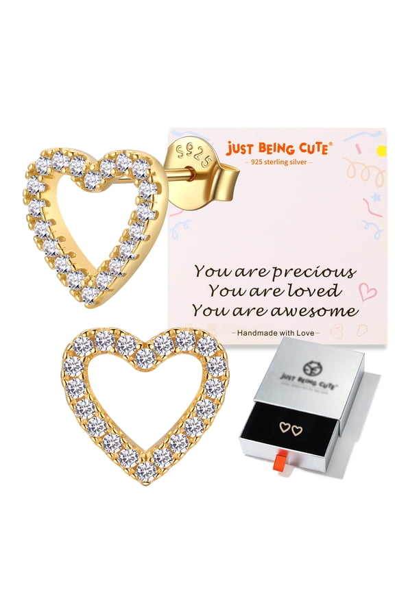 Hollow Heart Earrings for Women 14K Gold Plated White Zircon Stud Earrings Birthday Mothers Day Jewelry Gifts Her Girlfriend Wife Adults Age Ideas