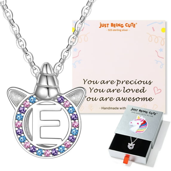 Just Being Cute Unicorn Necklace for Women, Hypoallergenic 925 Real Sterling Silver Letter E Pendant Necklaces Birthday Mothers Day Jewelry Gifts Her Mom Lady Adults Ideas