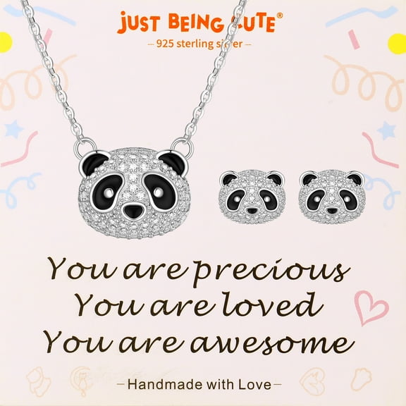 Just Being Cute Panda Necklace and Earrings Sets for Women, Shiny Cubic Zirconia Real Sterling Silver Jewelry Set Birthday Mothers Day Gifts Her Wife Mom Lady Adults Ideas