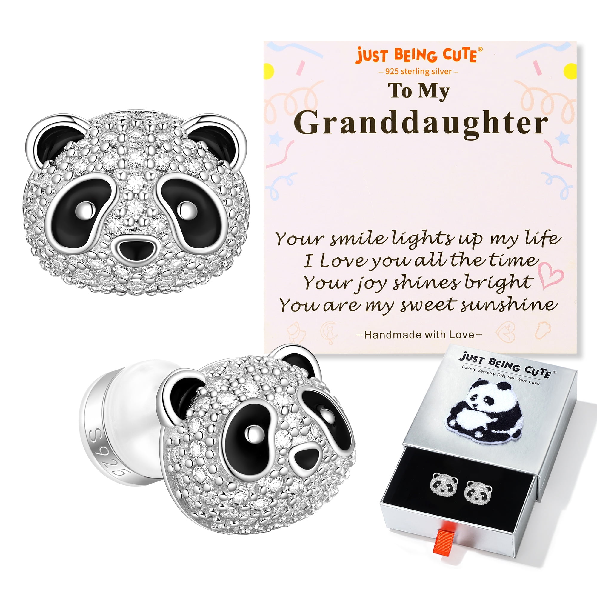 Just Being Cute Earrings for Girls Women 925 Sterling Silver Studs Panda Jewelry Gifts for Granddaughter