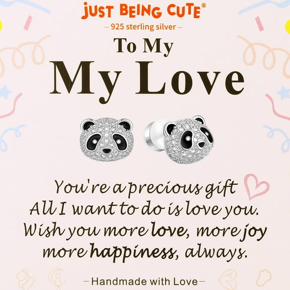 JustBeingCute Earrings for Girls 925 Sterling Silver Stud Earring Cubic Zirconia Panda Jewelry Gifts for Women Love