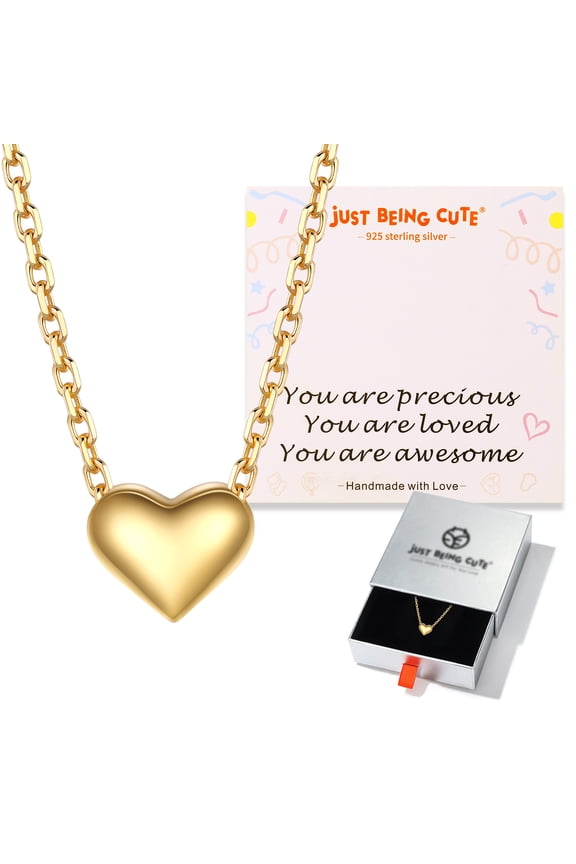 Puffy Heart Necklace for Women 14K Gold Plated Love Pendant Necklaces Birthday Valentines Day Jewelry Gifts Her Girlfriend Wife Female Adults Age Ideas
