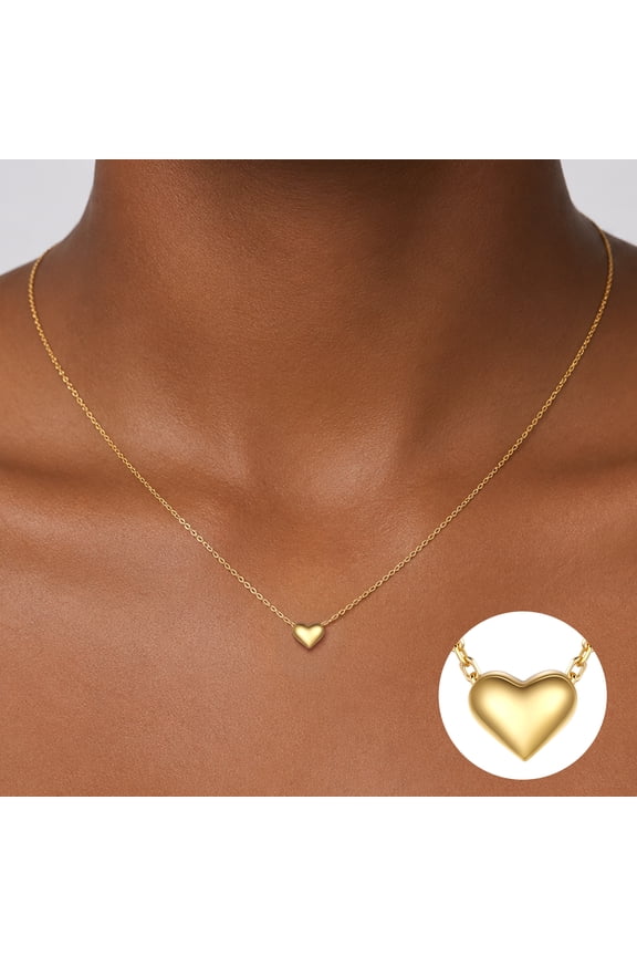 Puffy Heart Necklace for Women 14K Gold Plated Love Pendant Necklaces Birthday Anniversary Jewelry Gifts Girlfriend Her Wife Female Adults