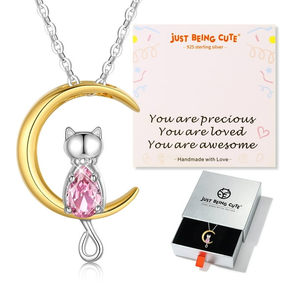 Just Being Cute Tourmaline Birthstone Necklace for Women, Sterling Silver Chains Cat Pendant Jewelry Gifts for Girls