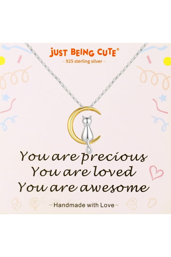 JustBeingCute 14K Gold Plated Girls Necklaces 925 Sterling Silver Cat Moon Pendant Birthday Valentines Day Jewelry Gifts Teen Her Girlfriend Wife Lady Female Adults Kids Age Ideas
