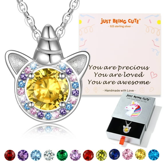 Just Being Cute Citrine Birthstone Necklaces for Women, 925 Real Sterling Silver Unicorn Pendant Necklace Birthday Mothers Day Jewelry Gifts Her Mom Lady Adults Ideas