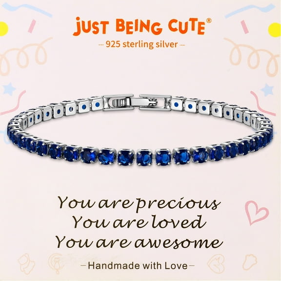 Just Being Cute Tennis Bracelet for Women 3mm Blue Cubic Zirconia Bracelets Wedding Birthday Jewelry Gifts with Card for Her Girlfriend, 6.5 inch