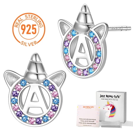 Just Being Cute Unicorn Earrings for Girls Women, Real 925 Sterling Silver Initial A Stud Earrings Birthday Graduation Mothers Day Jewelry Gifts Teen Her Mom Adults Kids Age