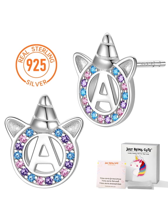 Unicorn Earrings for Girls, Women Real 925 Sterling Silver Initial A Studs Birthday Christmas Jewelry Gift Teen Adults Kids Age