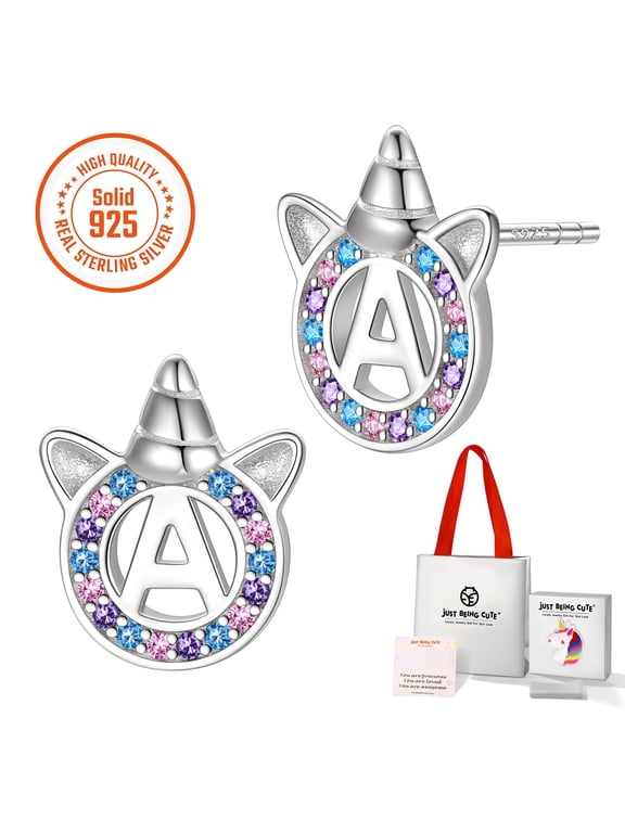 Unicorn Earrings for Girls Women 925 Sterling Silver Initial Stud Earrings, Personalized Birthday Christmas Jewelry Gifts for Granddaughter Teen Kids, Letter A