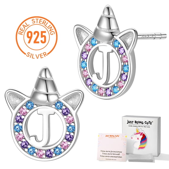 Just Being Cute Unicorn Earrings for Girls Women Initial Studs Earring, 925 Real Sterling Silver Letter J Earrings Colorful CZ Birthday Valentines Day Jewelry Gifts Teen Her Kids Ideas