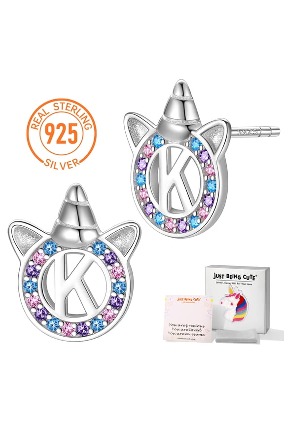 Unicorn Earrings for Girls Women Initial Studs Earring, 925 Real Sterling Silver Letter K Earrings Colorful CZ Birthday Valentines Day Jewelry Gifts Teen Her Kids Ideas