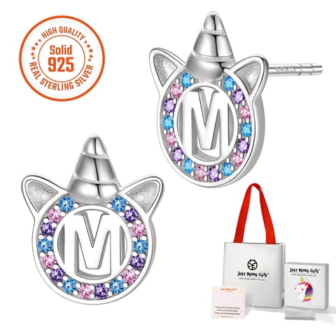 Unicorn Earrings for Girls Women 925 Sterling Silver Initial Stud Earrings, Personalized Birthday Christmas Jewelry Gifts for Granddaughter Teen Kids, Letter M