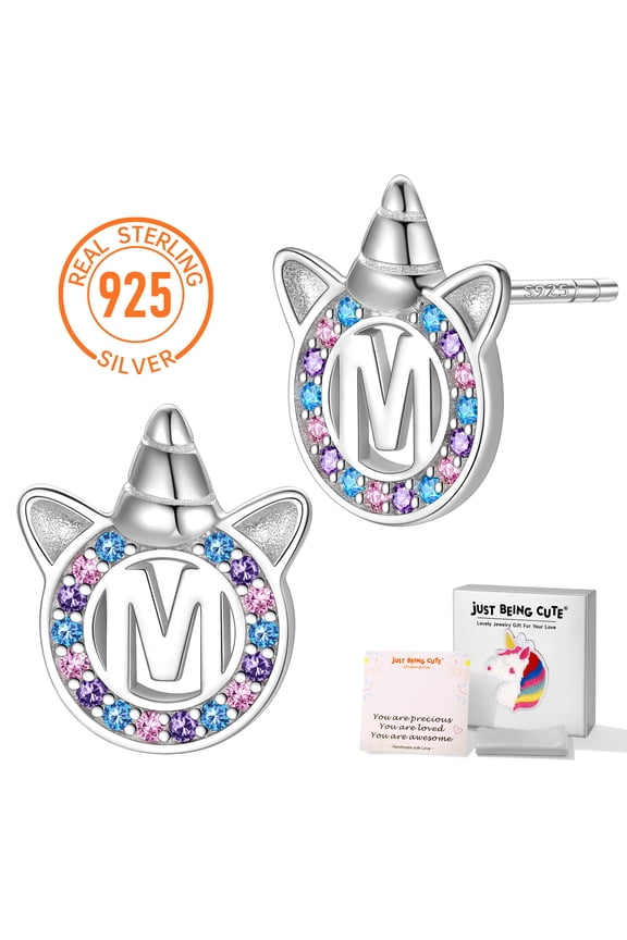 Unicorn Earrings for Girls Women Initial Studs Earring, 925 Real Sterling Silver Letter M Earrings Colorful CZ Birthday Valentines Day Jewelry Gifts Teen Her Kids Ideas