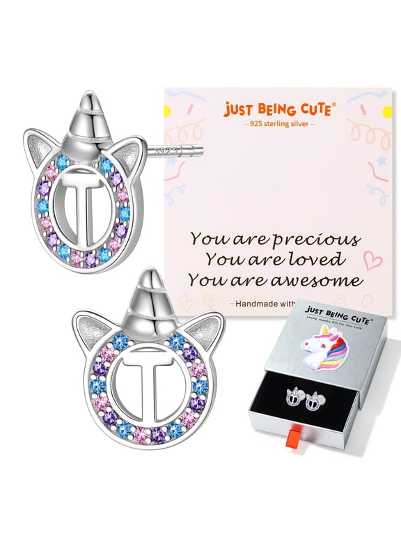 Unicorn Earrings for Girls Women, Real 925 Sterling Silver Initial T Stud Earrings Birthday Graduation Mothers Day Jewelry Gifts Teen Her Mom Adults Kids Age
