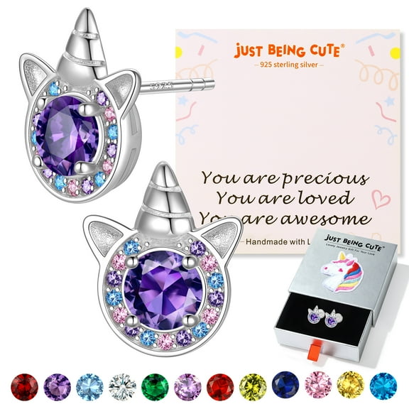 JustBeingCute Birthstone Earrings for Girls Sterling Silver Studs Created Amethyst Unicorn Jewelry Gifts for Her, Valentines Day/Birthday/Christmas