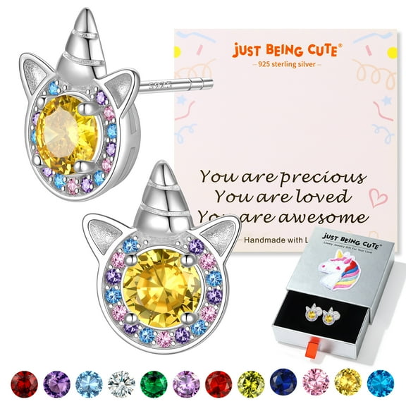JustBeingCute Birthstone Earrings for Girls Hypoallergenic Sterling Silver Stud Earring Kids Unicorn Created Citrine Jewelry with Gift Card