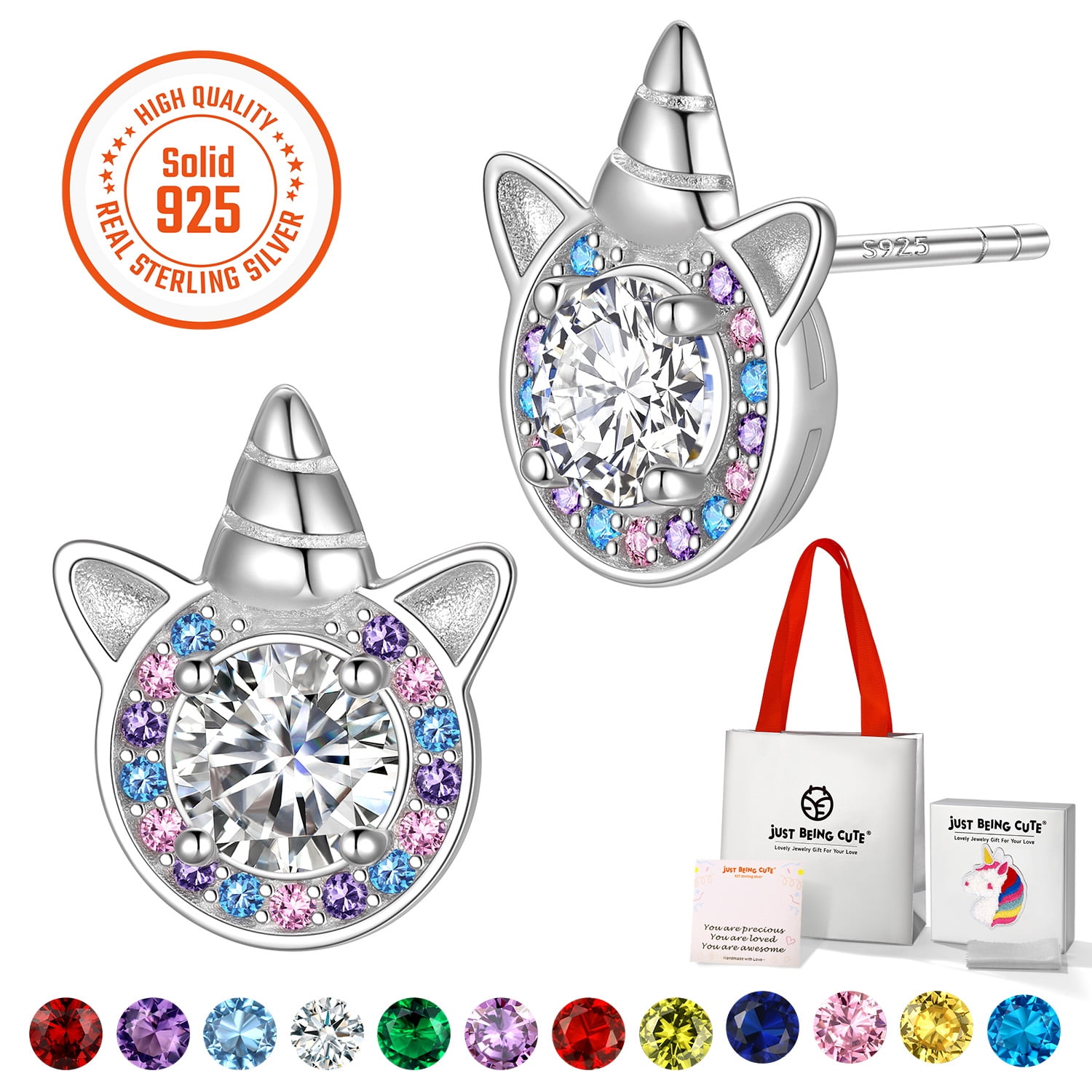 Just Being Cute Earrings for Women Girls, 925 Sterling Silver Stud Earring Crystal Birthstone Unicorn Birthday Graduation Jewelry Gifts for Her