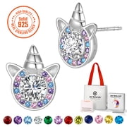 Just Being Cute Earrings for Women Girls, 925 Sterling Silver Stud Earring Crystal Birthstone Unicorn Birthday Graduation Jewelry Gifts for Her