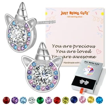 JustBeingCute Unicorn Earrings for Teen Girls with Created Diamond, Sterling Silver Birthstone Stud Earring Kids Jewelry