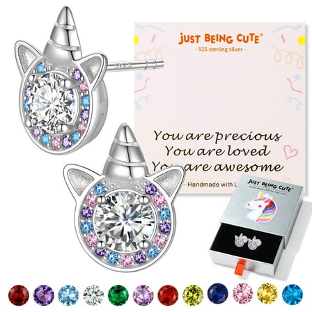 JustBeingCute Earrings for Girls Sterling Silver Created Diamond Birthstone Stud Earring for Her, Valentines Day/Birthday