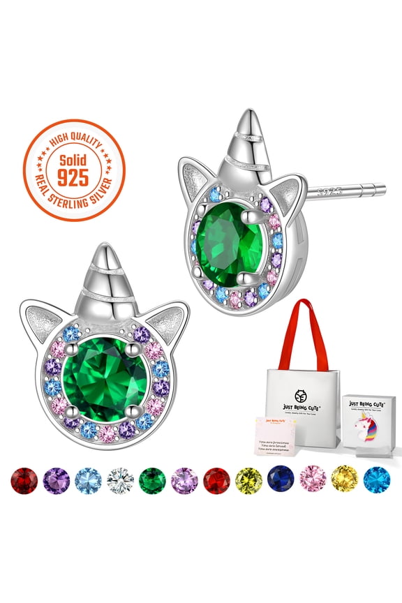 Earrings for Women Girls, 925 Sterling Silver Stud Earring Created Emerald Birthstone Unicorn Christmas Birthday Jewelry Gifts for Her