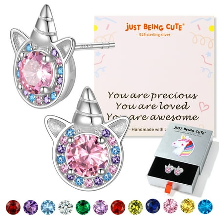 JustBeingCute Unicorn Earrings for Girls Sterling Silver Stud Earring Kids Created Tourmaline Birthstone Jewelry Gifts for Her, Valentines Day/Birthday/Christmas