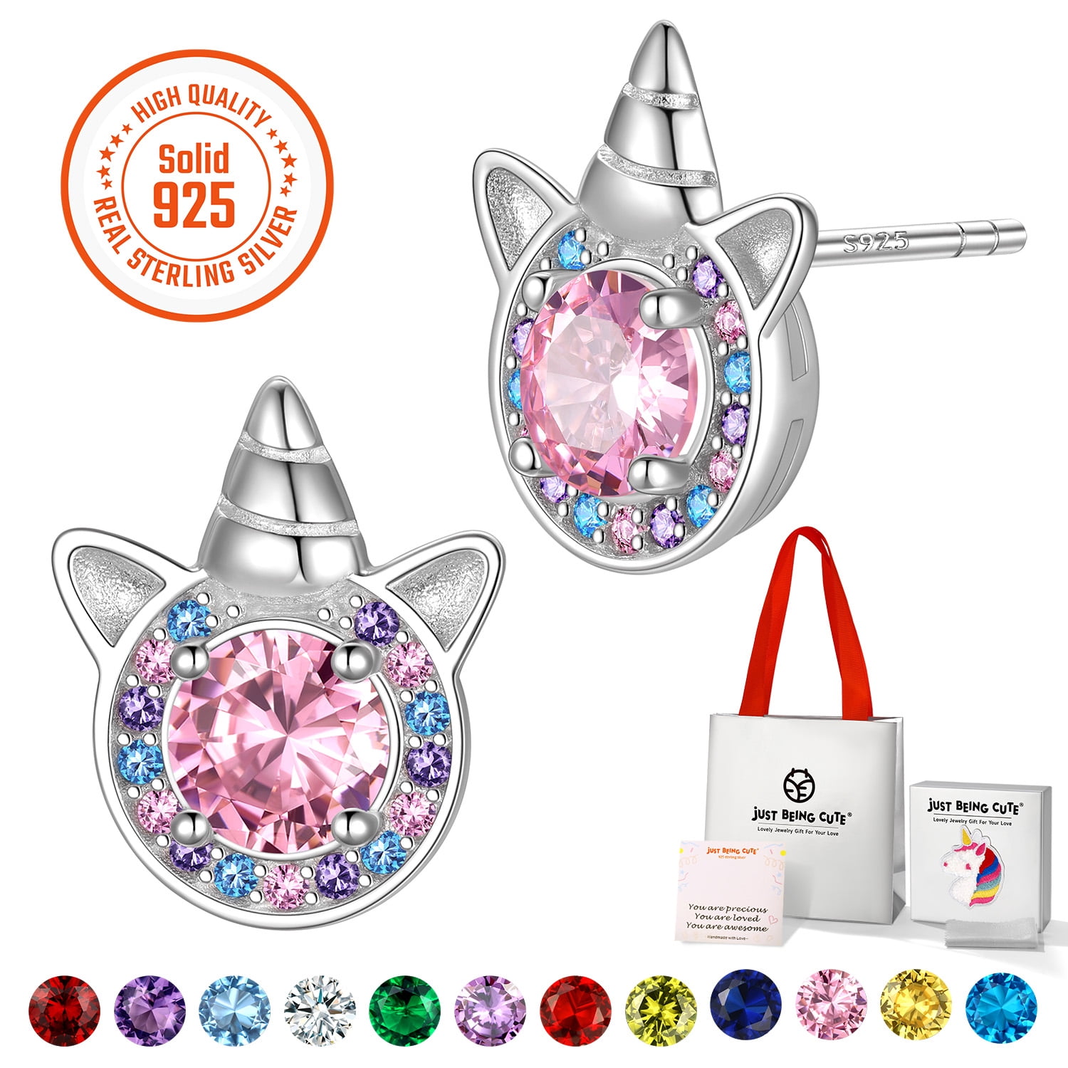 Just Being Cute Unicorn Earrings for Girls Women, 925 Sterling Silver Stud Earring Created Tourmaline Birthstone Birthday Graduation Jewelry Gifts for Her