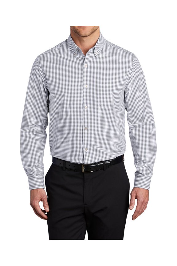 Just Blanks Broadcloth Gingham Easy Care Shirt Button-Down Collar Back Box Pleat, Gusty Grey/ White, 4XL