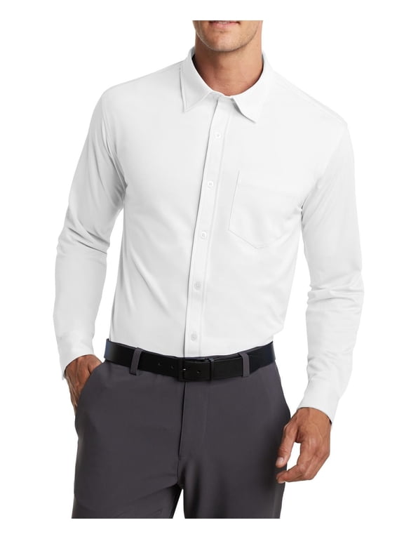 Mens Classic Fit Knit Dress Shirt Moisture Wicking Polyester Tricot Hidden Collar Long Sleeves