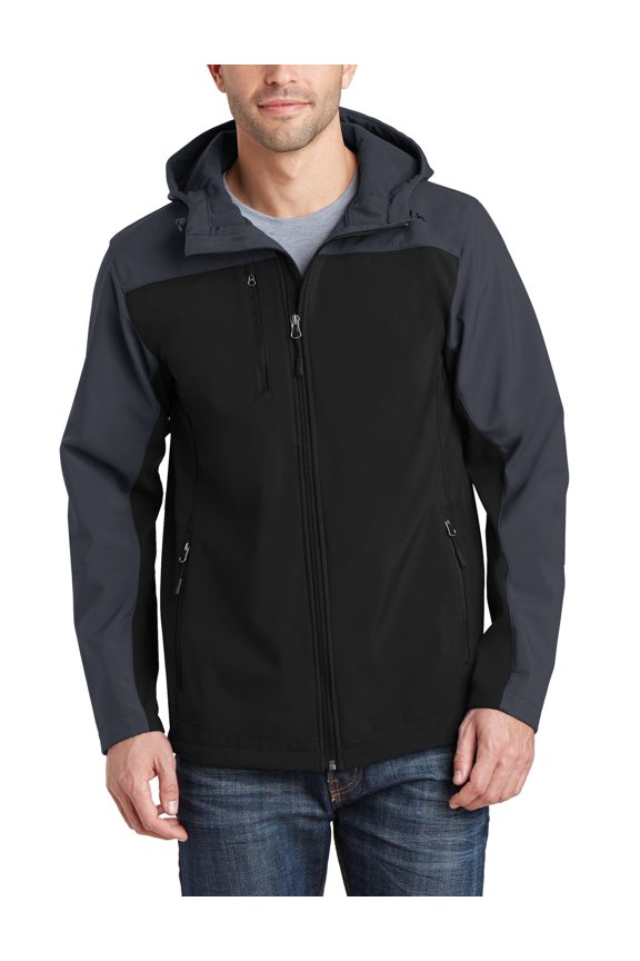 Just Blanks Hooded Core Soft Shell Jacket Reverse Coil Zippers Interior Storm Flap With Chin Guard, Black/ Battleship Grey, 4XL