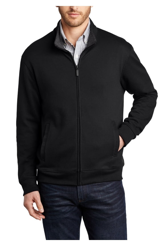 Just Blanks Interlock Full-Zip Jacket Cadet Collar With Contrast Interior Welt Pockets, Deep Black/ Charcoal Heather, 4XL