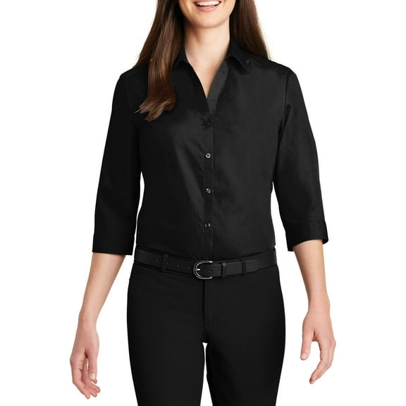 JustBlanks Womens 3 4 Sleeve Poplin Shirt Cotton Poly Blend Open Collar Easy Care