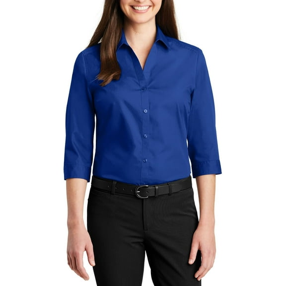 JustBlanks Womens 3 4 Sleeve Poplin Shirt Cotton Poly Blend Open Collar Easy Care