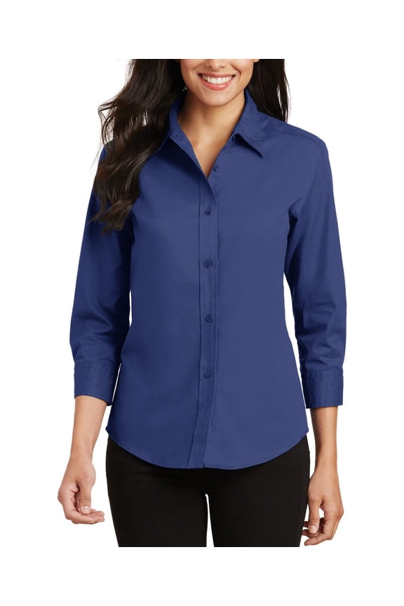 Womens 3 4-Sleeve Easy Care Shirt Cotton Poly Blend Button Front Open Collar