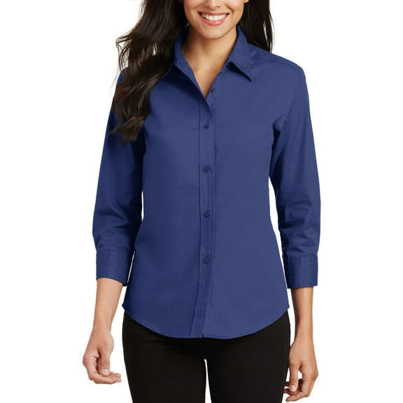 JustBlanks Womens 3 4-Sleeve Easy Care Shirt Cotton Poly Blend Button Front Open Collar